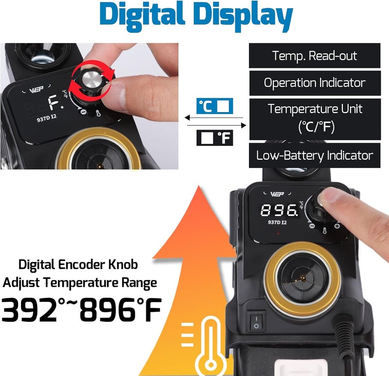 WeP 937D-I 2 Cordless Soldering Iron Kit Compatible with Makita 20V/18V Battery, with Integrated Iron Holder, Digital Display, 6 Soldering Tips, Adjustable Temperature, Auto Sleep & Shutdown - Image 4